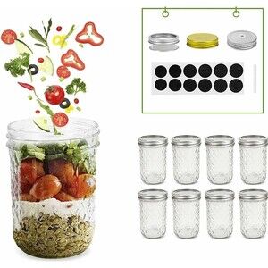Set of 8 Mason Jars Set w/ Lids Quilted Crystal Jars, 16oz Glass Canning Jars